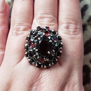 SOLD - Giant Garnet Cluster Marcasite Sterling Silver Ring Sz 9